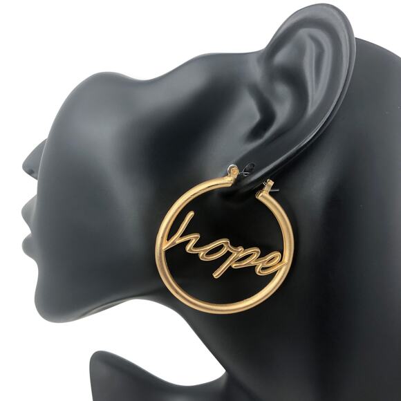 Matte Gold Hope Hoop Earrings - Picture 2 of 3
